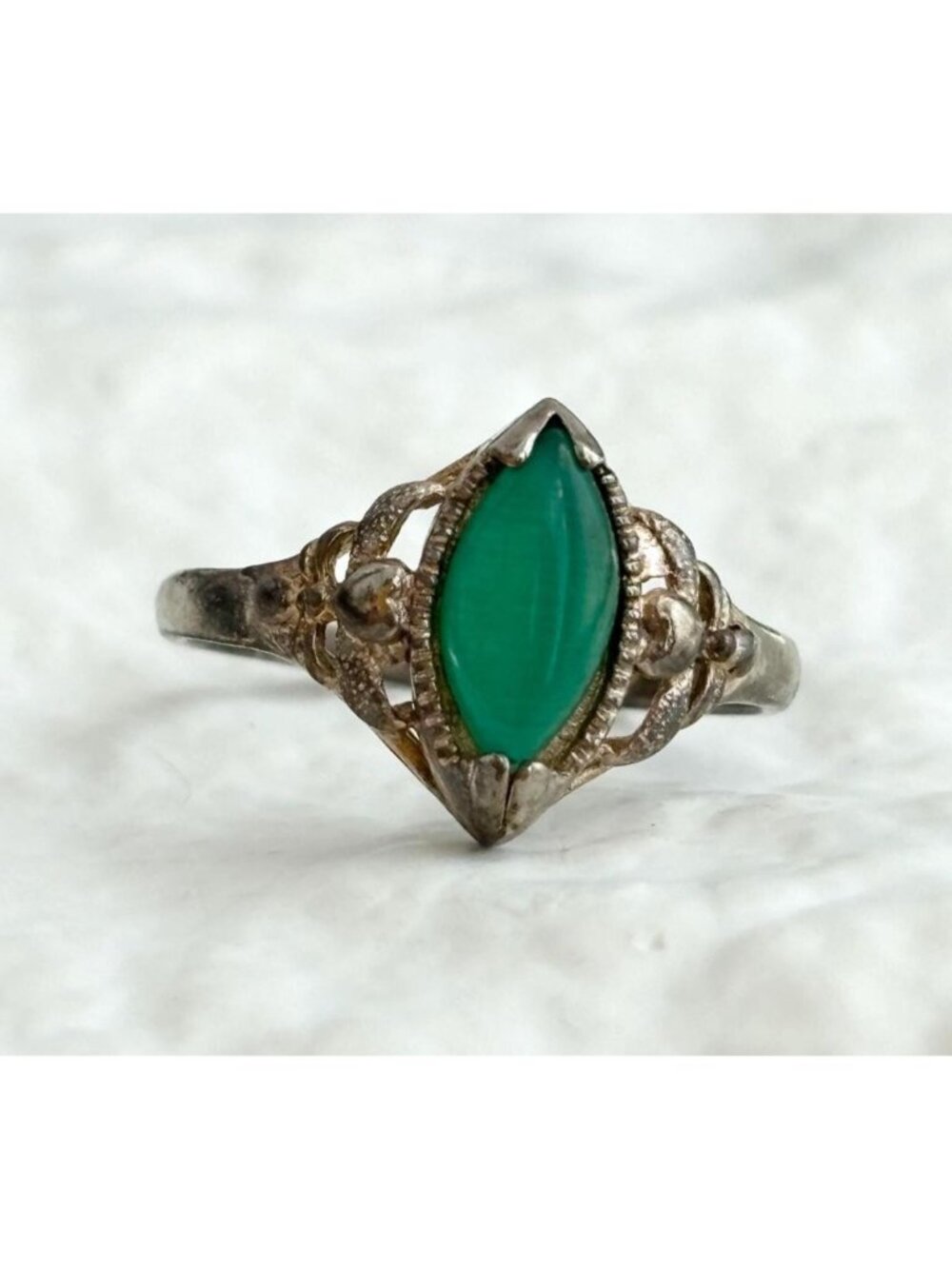 Green Adventurine Openwork Sterling Silver 925 Vintage Ring - sz 6.5